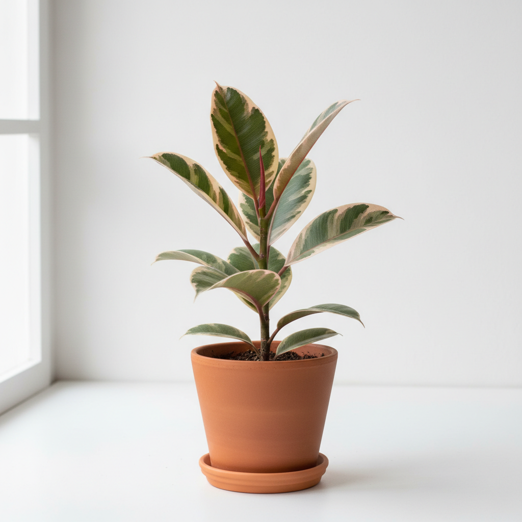 Ficus Elastica Tineke Variegated Rubber Plant with creamy white, green and pink variegated leaves